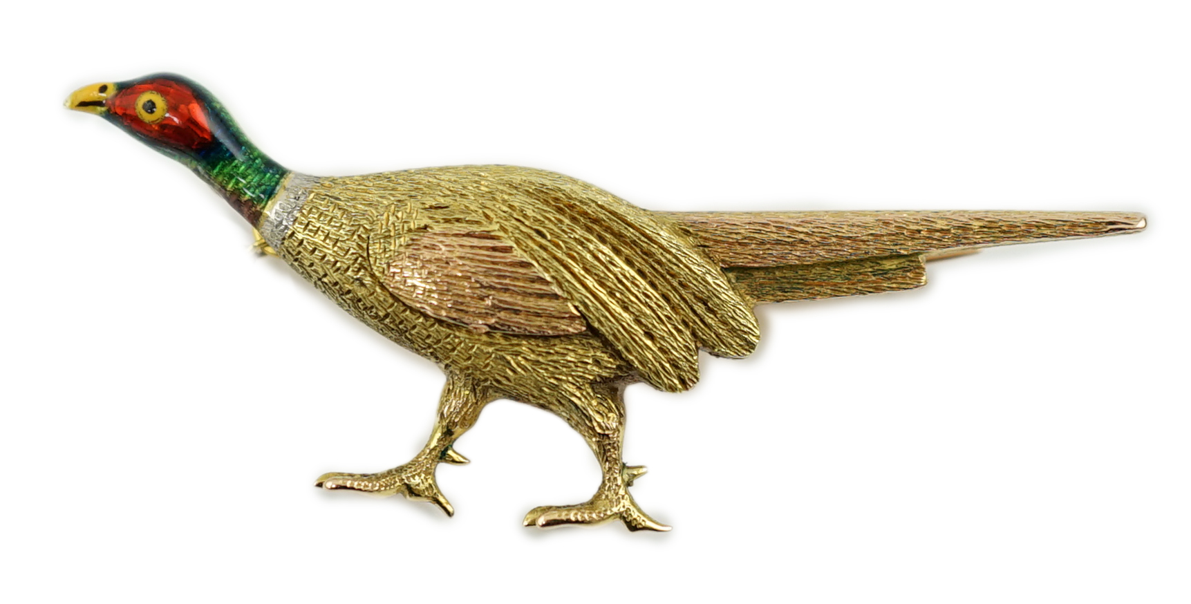 A George V three colour gold and enamelled pheasant brooch